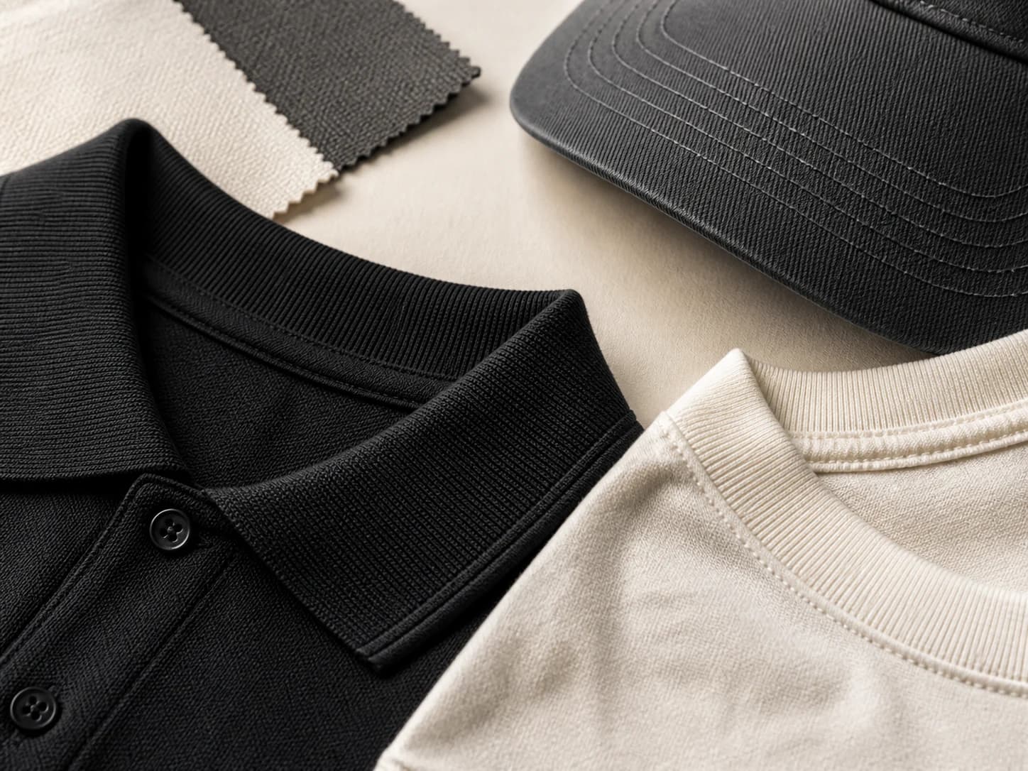 Close view of polo collar, T-shirt neck, cap stitching and fabric swatches