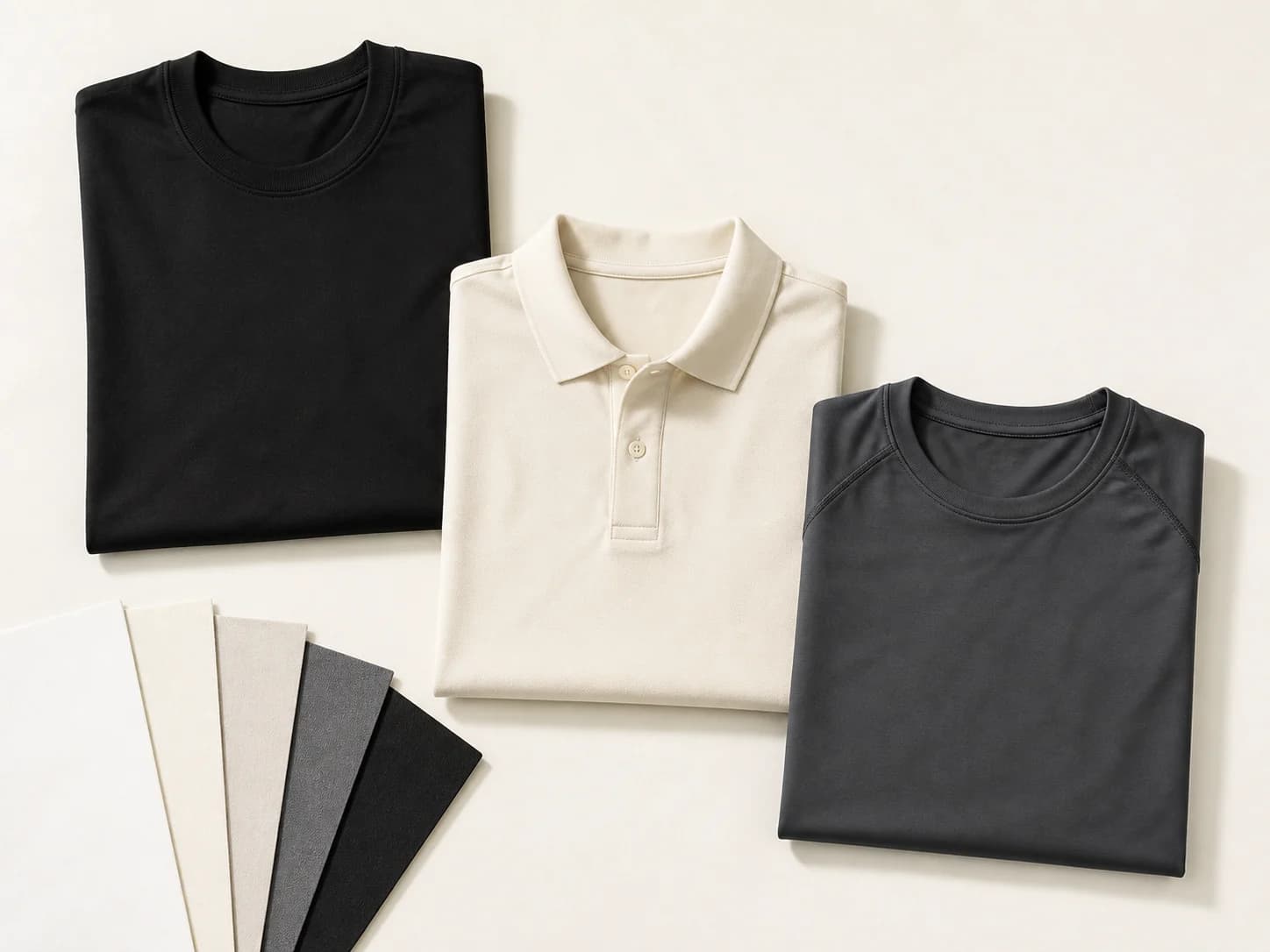 Black round-neck T-shirt, cream polo and charcoal performance shirt
