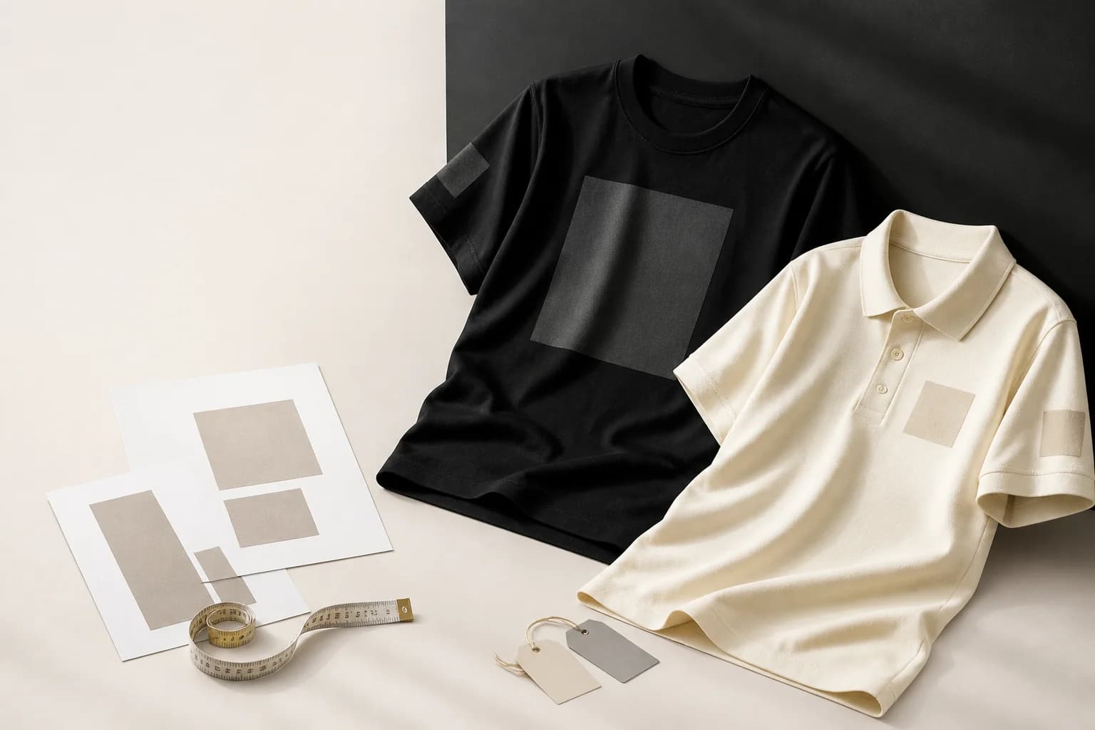 Black T-shirt and cream polo arranged with blank artwork placement sheets