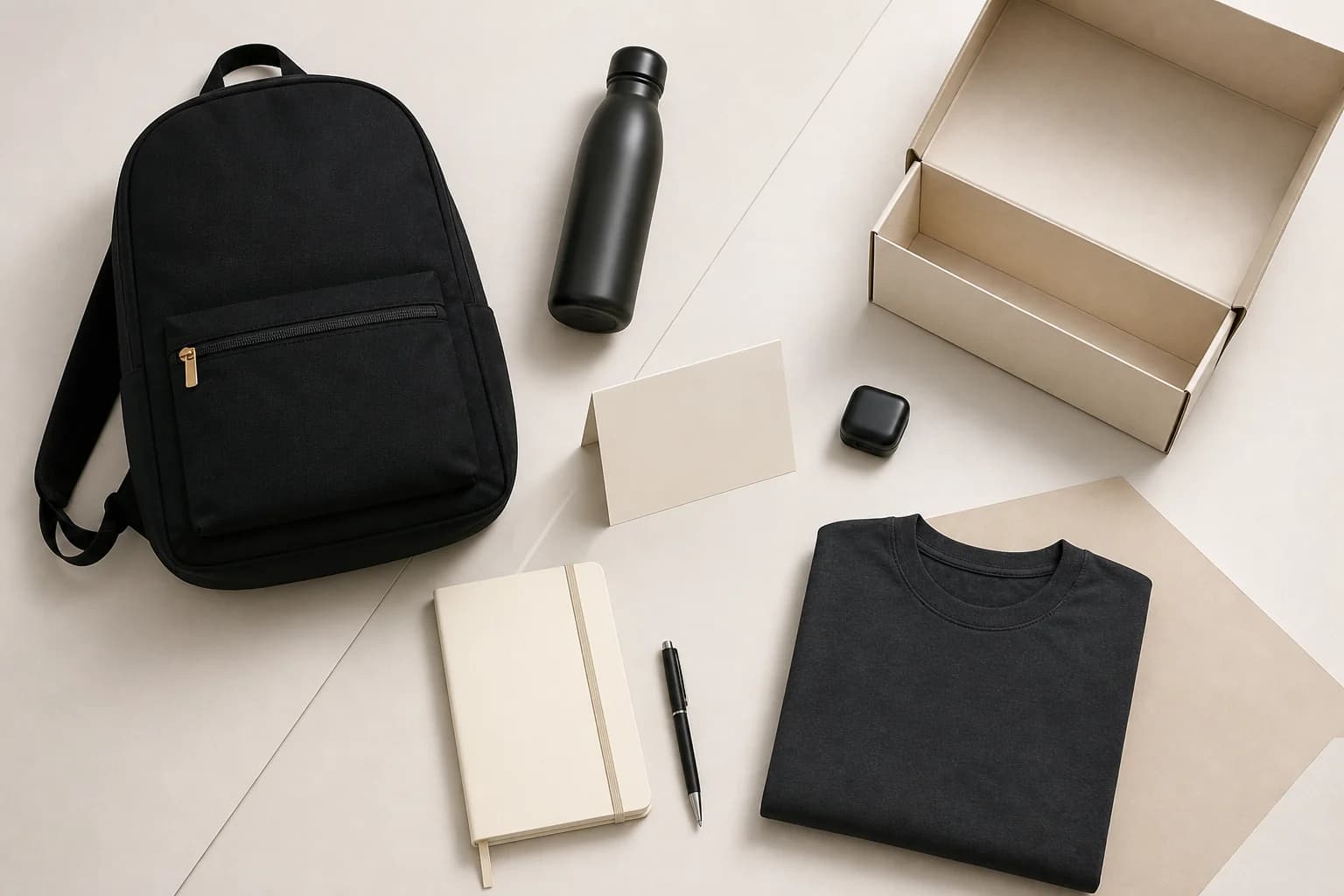 Employee welcome-kit components including backpack, bottle, notebook and apparel