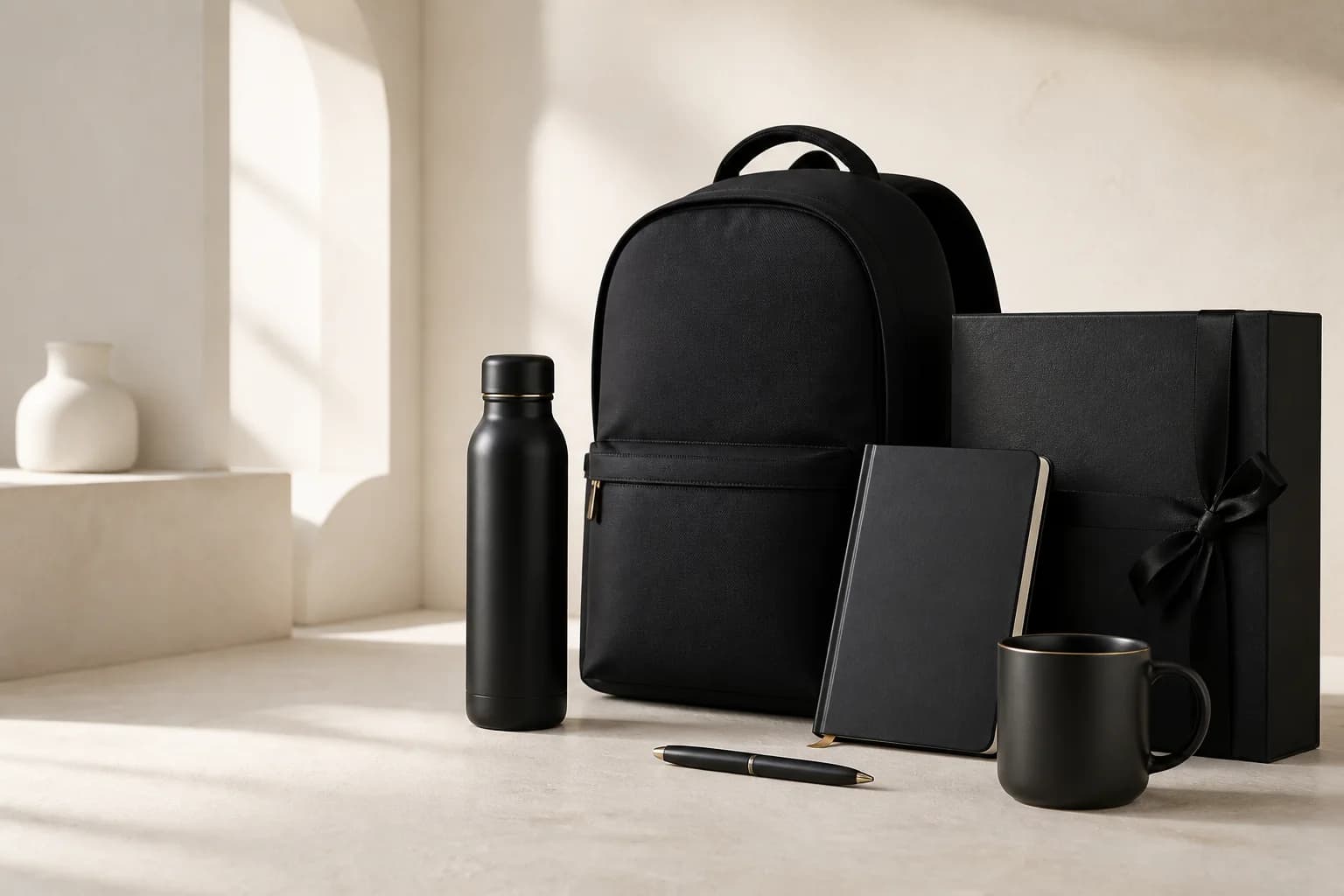 Unbranded merchandise arrangement with backpack, bottle, notebook, mug and gift box