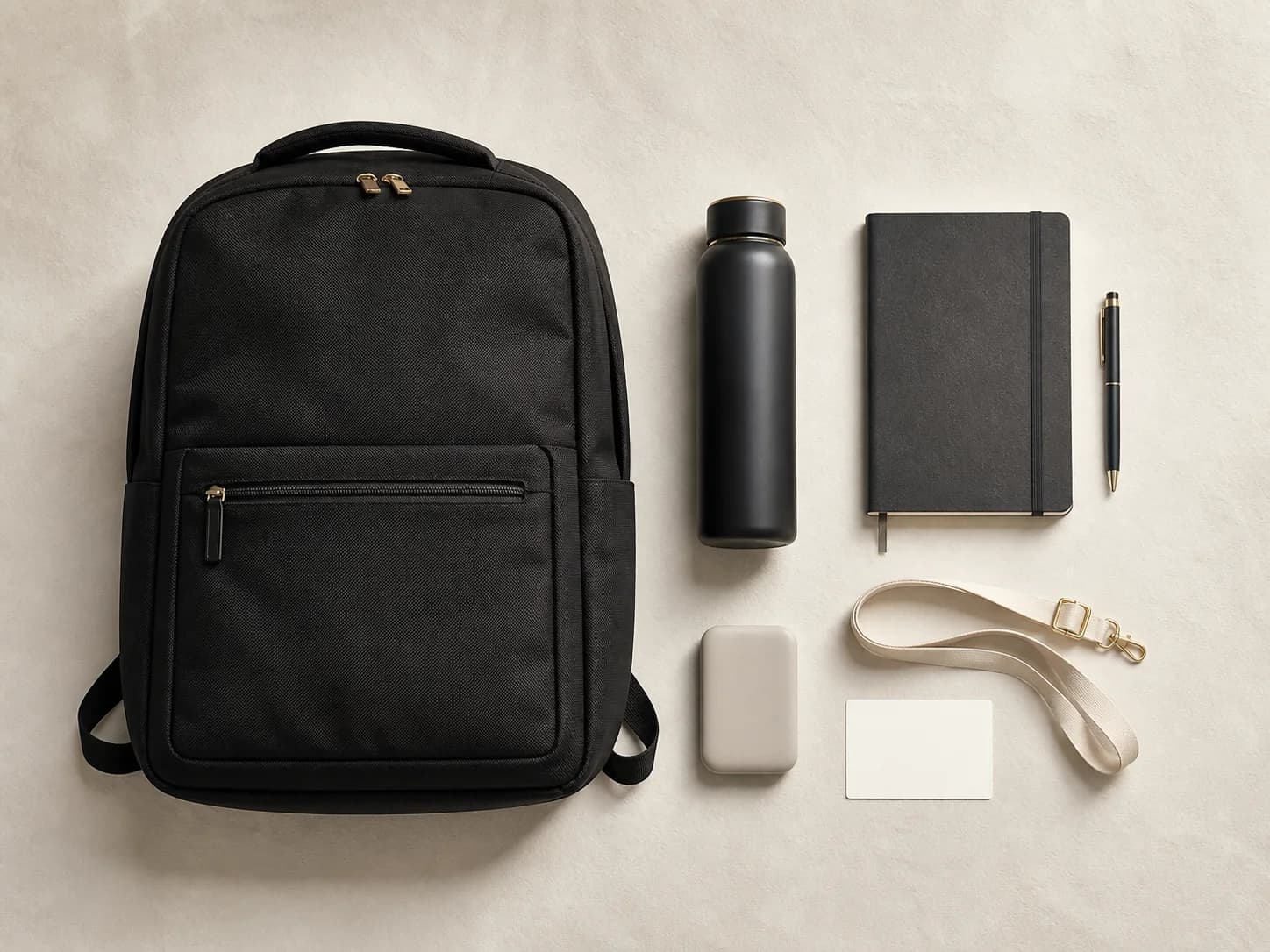 Unbranded employee welcome kit with backpack, bottle, notebook and lanyard